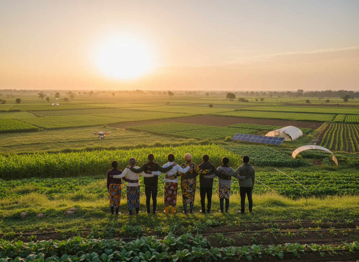 A stunning, hopeful editorial photograph representing vision and future opportunity: diverse young African farmers standing together on a thriving green agricultural landscape at sunrise, looking toward expansive fields and the horizon, subtle signs of innovation and sustainable farming, warm golden light, authentic documentary photography, uplifting and aspirational, no text, no logos, suitable for a nonprofit Vision and Mission page hero.